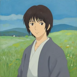 a portrait painting of a character in a scenic environment, texture by nobuhiko obayashi, wavy background