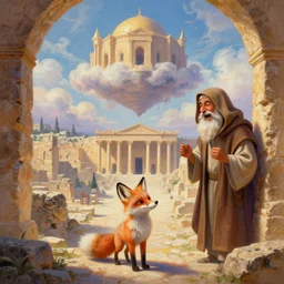 illusion painting hidden temple : an adorable small fox in the huge ruins of the second temple in jerusalem in the distance. the third temple hovers quietly hiding in the dreamy clouds above. a hooded bearded old man in a brown tunic laughing, colorful 8 k, art station, intricate superb details, digital art, illusion painting hidden image.