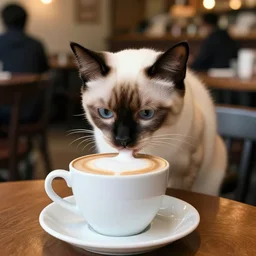 ultra high quality photograph of a cute korat kitten drinking a cappuccino, in crowded cafe, lighting dim, kodak etkar 1 0 0