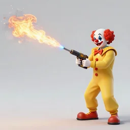 photo of a clown using a flamethrower projecting a long bright flame towards a house fire