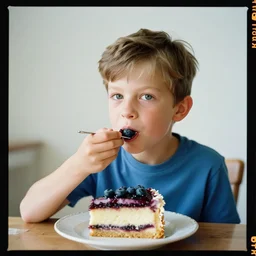 kodak portra 4 0 0, 8 k, highly detailed, britt marling style 3 / 4 photographic close, medium format, press award winning colour portrait of a handsome boy is eating a blueberry cake, up face with 1 9 2 0 s hairstyle, 1 9 2 0 s clothing style, asymmetrical, hasselblad x 1 d - 5 0 c, 1 0 0 mm f 1. 8, soft light