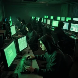 renegade hackers who sit in basements using large computer terminals to hack the governments, dim lighting background, illuminated foreground, green computer monitors for the terminals, inspired by johan grenier, lovecraftian, national geographic photography