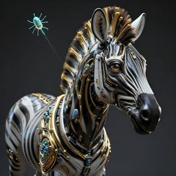 hyper detailed ultra sharp portrait of a beautiful well contoured black porcelain smooth fair cyborg zebra, up close shot, sharp focus, global illumination, radiant light, biomechanical golden rhizomorphs, cyberpunk brackets, laser cut plastic microbes, alexandre ferra white mecha, irakli nadar, alexander mcqueen, octane highly render, 4 k, ultra hd,
