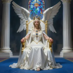 monumental epic legends fantasy painting of throne room with blue ground and the queen sit with long white dress and ritual summun guardian angel gemstone incrusted in crown and white colone like greek temple volume lighting dark fog ray stained glass matte Photorealistic cinematic volume lighting artstation fanart contrast by Jason Felix by Steve Argyle by Tyler Jacobson by Peter Mohrbacher