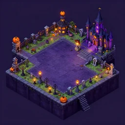 evil graveyard halloween themed isometric 2. 5 d game level, with detailed stone, lanterns, disney, haunted mansion, toon shader, arnold maya render, artstation by miha rinne