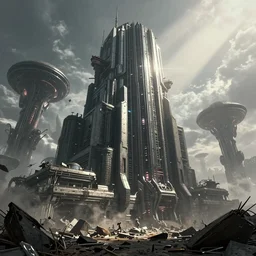 an epic photobashing of a epic cyberpunk military building, alien civilization, futuristic, hyper - realist, post apocalypse, nuclear war, daylight, god's ray, by beeple and fvckrender and visualdon, trending on cgsociety