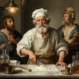 zeus as an old world italian baker, in an old world deli, hyper realistic, hyper detailed, surreal old world art style, by leonardo davinci, michelangelo and rafael