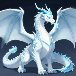 still photo of a large, white ice dragon with blue accents. it has a long neck, and its body is covered in spikes and scales. its wings are enormous, and it has a long spiky tail. it has a regal appearance, breathing frost, trending on pixiv, by kawacy, digital art, cool lighting, comic, cartoon