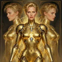 symmetry!! portrait of charlize theron, gold sci - fi armour, tech wear, glowing lights!! sci - fi, intricate, elegant, highly detailed, digital painting, artstation, concept art, smooth, sharp focus, illustration, art by artgerm and greg rutkowski and alphonse mucha