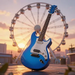 unreal engine render, a blue guitar with a ferris wheel in the background, cinematic, sunset, fantasy, 8 k, trending on artstation