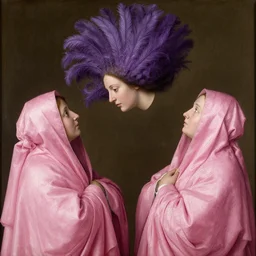 the head of a woman, purple feathers for hair, spins wildly above two pink cloaked figures, by jan van eyck,