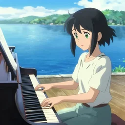 Anime girl playing piano on blue water, far away, landscape, scenery, green eyes, Cushart Krenz, Shinkai Makoto, by Lluluchwan, lots of details, highly detailed, 4k, full piano