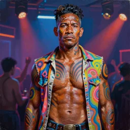palette knife oil painting portrait of a middle aged, athletic, lean, aboriginal australian hipster, open shirt, body paint, psychedelic, nightclub, artstation trending, artgerm, any racial background, deviant art, hipster, octane, substance, art history 8 k