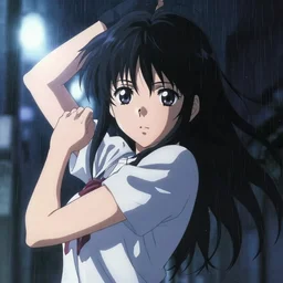 highly detailed anime girl striking a dramatic pose at night with bright lights behind and rain, upper body shot, beautiful face and eyes. key visual by haruko ichikawa, kyoto animation, square enix makoto shinkai,