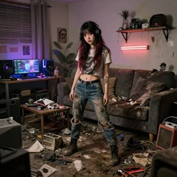 epic gamer girl showcasing her filthy grimy cluttered apartment living room