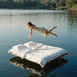 girl hovering above her bed which floats in a lake, award winning photo in the style of Maia Flore