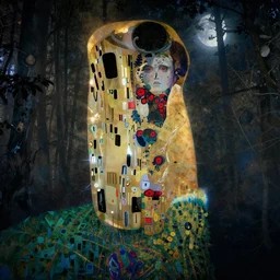 A tall, dark forest god, with antlers, red eyes, forest, 3am, mist, moon, dark forest, red eyes in the style of Klimt