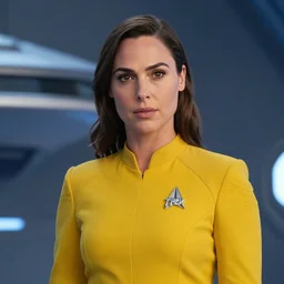 Gal Gadot, wearing a yellow uniform, is the captain of the starship Enterprise in the new Star Trek movie