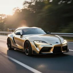 portrait art of toyota supra on a highway 8k ultra realistic , lens flare, atmosphere, glow, detailed,intricate, full of colour, cinematic lighting, trending on artstation, 4k, hyperrealistic, focused, extreme details,unreal engine 5, cinematic, masterpiece