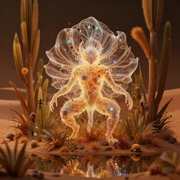 creature in a desert lush vegetation, warm tones, night, water reflection, bioluminescent translucent : : by michal karcz, daniel merriam, victo ngai and guillermo del toro : : ornate, dynamic, particulate, intricate, elegant, highly detailed, centered, artstation, smooth, sharp focus, octane render, 3 d