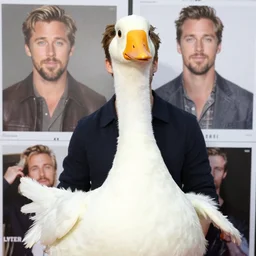 ryan gosling fused with goose, bird suit, with arms, natural light, bloom, detailed face, magazine, press, photo, steve mccurry, david lazar, canon, nikon, focus