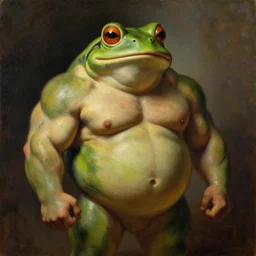 subject:  muscular barbarian oversized frog anthropomorphic medium shot portrait, style:  very heavy textured rembrandt oil painting with dramatic light