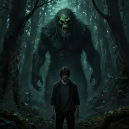 A scary wendigo standing behind a man in a dark forest, eerie, scary, horror, digital art, artstation, WLOP, Mandy Jurgens
