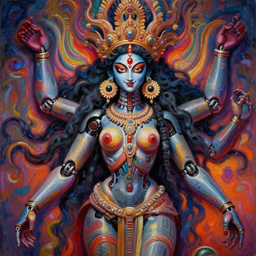 perfectly centered portrait, front view of a beautiful biomechanical goddess kali, female, flowing hair, intense stare, sweet smile, symmetrical, concept art, intricate detail, volumetric shadows and lighting, psychedelic colors, vibrant, realistic oil painting by gustave dore,