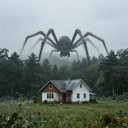house on a pasture surrounded by a dense forest, in the background a monster in the form of a spider, dense fog, rain