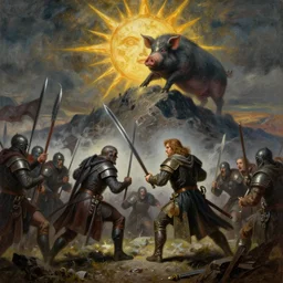 ultra realistic painting of harold h. hamlet fending off the corrupted soldiers of recda, the last witch of the north on the mountain of gratsville but the great swine of the seventh sun is casting a spell to cause a catastrophe, by beksinski