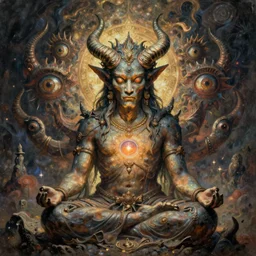 a hyper-detailed painting with high details and textures of a psychedelic demon with horns and several eyes, he is in a meditation position and has an open third eye and mystical spiritual powers