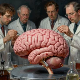 close - up view of a mad scientist experimenting on an exposed pink brain, highly detailed science fiction painting by norman rockwell, tim jacobus, and sanjulian. detailed texture, rich colors, high contrast, gloomy atmosphere, dark background. trending on artstation