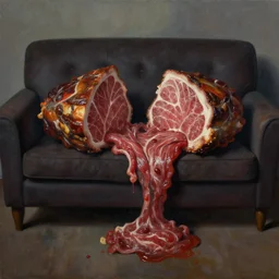 dark oil painting of couch with meat spilling out of it, cut in half, surreal
