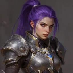 alexey gurylev, close up portrait, young pale woman in sci - fi armor with purple ponytail hair, stoic, focused, powerful, d & d, fantasy, complex, elegant, highly detailed, digital painting, artstation, concept art, matte, clear focus, illustration, hearthstone, artgerm art, greg rutkovsky and alphonse mucha