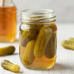 a jar of honey with pickles inside, food photography, product image, honey pickles