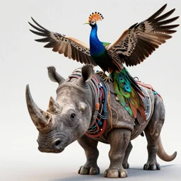 a high resolution realistic close up photo portrait of a rhino reptile creature made of doglike birds computer merged kangaroo, ork electronic wires bower bird creature wrinkles pheasant, complex feathers exotic morphing hoopoe, zebra morphing wings king vulture head