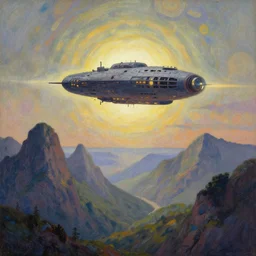 spaceship looming above mountains. gouache fairytale art, russian romanticism, muted palette, psychedelic art, backlighting