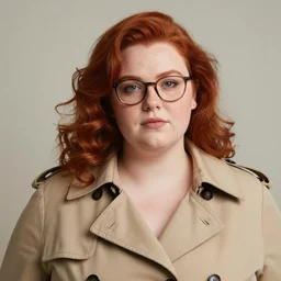 a portrait of a chubby redhead woman with freckles and glasses, one side soft curl, wearing a trench coat, 8 k, trending