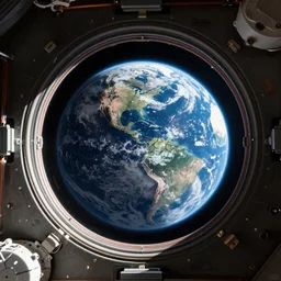 Inside the international space station looking out a cupola window to see earth looming in space. 4K.