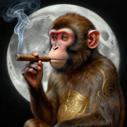 portrait of a monkey smoking a cigar on the moon, solarpunk, intricate, elegant, highly detailed, ray tracing, digital painting, artstation, concept art, smooth, sharp focus, illustration, art by artgerm and greg rutkowski and alphonse mucha, 8 k