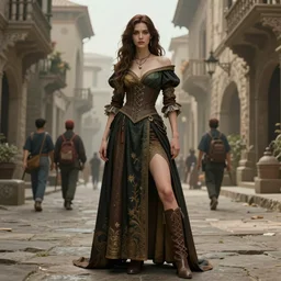 costume design from mosquito creators, sophisticated composition, old masters light composition, procedurally generated, epic drama girl character posing for concept art, ancient city streets behind her, substance designer, PBR, HD, Ultra detailed, hyperrealistic, megascans, volumetric light, concept by master artist, made in paint tool SAI2, trending pixiv face