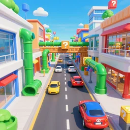 super mario world shopping mall street view, with traffic, buildings, green warp tubes, question mark squares, hyper detailed, photorealistic, buildings in focus, 8k, octane render, unreal engine render, redshift render, digital graphics