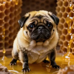 bumblebee pug, soft and fluffy, macro photography, high resolution photo, cinematic lighting, beehive interior backgrounds, honey rivers, trending on artstation,