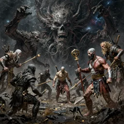 an ultra detailed matte landscape painting of the hunter from bloodborne teaming up with kratos from god of war, killing the great ones, epic fantasy, grimdark realism, cosmic horror, crossover space, ultrawide lens, intricate, highly detailed, digital painting, concept art, sharp focus, octane render, art by greg rutkowski and alphonse mucha and rembrandt, 8 k