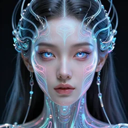 very beautiful woman, bionic pupils, full face frontal centered, portrait, detailed intricate symmetrical ornate neon cables connected to head, clear lips, luxurious long hair, sophisticated futuristic neon fractal wiring and implants, translucent, porcelain, fractal gravity, sci fi, dramatic lighting, photography, highly detailed, artstation, deviantart, 8 k, by chie yoshii