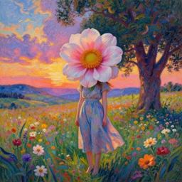 girl with a giant flower head, surreal photography, dream, standing in flower field, hills, big trees, sunrise dramatic light, impressionist painting, colorful clouds, digital painting, pointillism, artstation, simon stalenhag, flower face