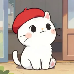 “Cute cartoon kitty wearing a red beret sitting on porch looking up at the sky, cute, looking up, marker”
