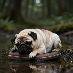 adorable pug sleeping on a shoe in a pond in a dark forest, detailed illustration in dotted, black and white, in the style of gustave dore's dante's inferno