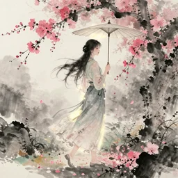 beautiful scene render of a girl is walking in the falling flowers with an umbrella, chinese ink painting style, unreal engine, global illumination, radiant light, detailed and intricate environment, 8 k