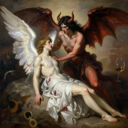 the best lack all conviction while the worst are full passionate intensity, painting, extremely detailed, elegant, hyperrealistic, a demon attacking a bleeding angel